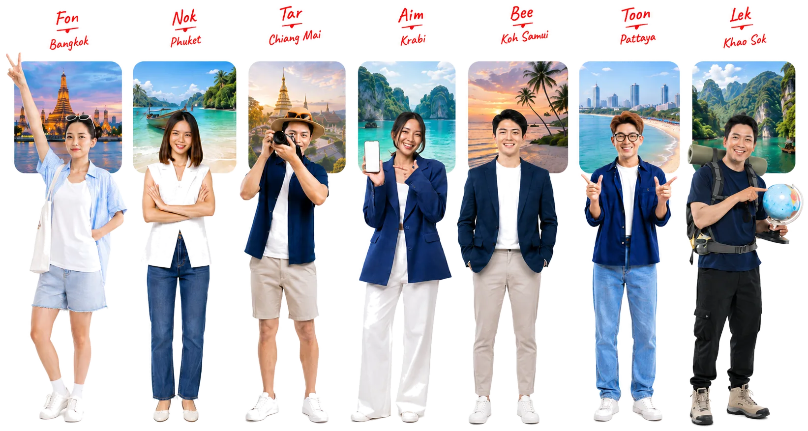 Le sette guide locali di TripInThai: Fon da Bangkok, Nok da Phuket, Tar da Chiang Mai, Aim da Krabi, Bee da Koh Samui, Toon da Pattaya e Lek da Khao Sok